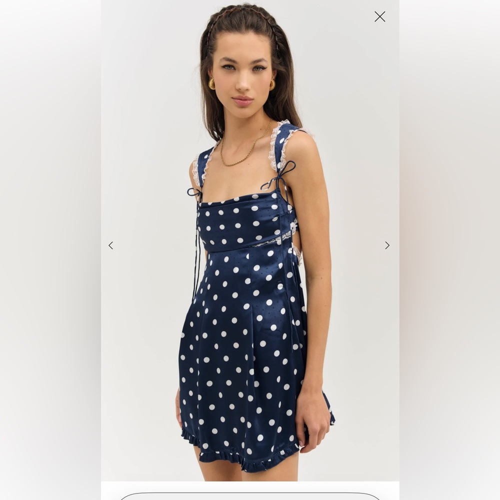 NWT.  FOR LOVE & LEMONS. Navy Polka Dot Sleeveless Dress with Lace Trim